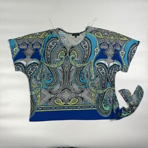 Melissa Paige Blouse Top Women 1X Colorful Paisley Stretch Short Sleeve Knot Hem